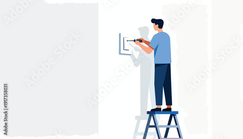 Man on stepladder fixing electrical outlet on wall