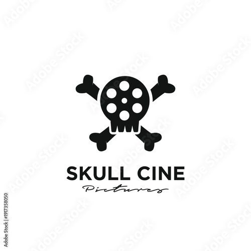 Skull Cine Pictures Logo featuring Film Reel Skull and Crossbones Design