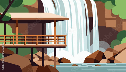 Serene wooden gazebo overlooks a majestic waterfall cascading into a tranquil pool