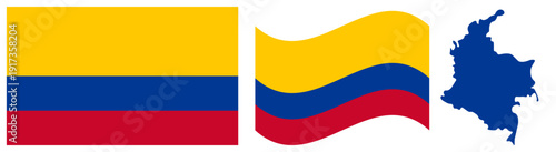 Colombia National Flag and Map. Official Republic of Colombia Emblem Featuring Three Horizontal Bands of Yellow, Blue, and Red with Geographical Country Map Silhouette.