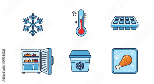 Collection of six flat style icons representing freezing cold temperatures and various chilled food storage concepts clearly displayed.