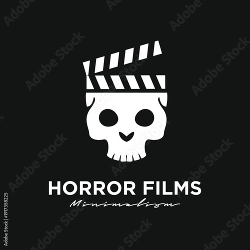 Minimalist Black and White Skull and Clapperboard Logo for Horror Films