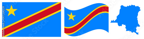 Democratic Republic of the Congo National Flag and Map. Official State Emblem Featuring a Sky Blue Field with a Diagonal Red Stripe Fringed in Yellow and a Golden Five-Pointed Star plus Geographical C
