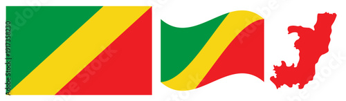 Republic of the Congo National Flag and Map. Official State Emblem Featuring a Diagonal Yellow Band Dividing Two Triangles of Green and Red with Geographical Country Map Silhouette.