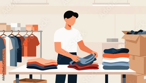 Person folding clothes near racks and boxes, preparing for organization