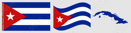 Cuba National Flag and Map. Official Republic of Cuba Emblem Featuring Five Horizontal Stripes of Blue and White with a Red Triangle and a White Five-Pointed Star plus Geographical Island Map Silhouet