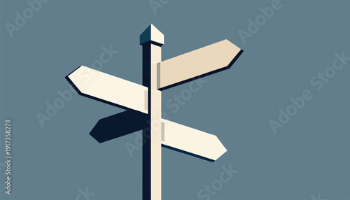 A minimalist signpost with directional arrows casts stark shadows against a muted background