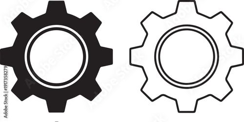 Two gear icons, one solid black and one outline, representing settings, mechanics, and industrial processes. Created in a minimalist vector style with a monochrome palette.