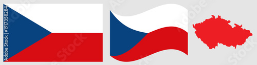 Czech Republic National Flag and Map. Official State Emblem Featuring Two Equal Horizontal Bands of White and Red with a Blue Isosceles Triangle at the Hoist and Geographical Country Map Silhouette.