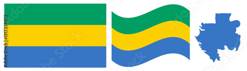 Gabon National Flag and Map. Official Gabonese Republic Emblem Featuring Three Horizontal Stripes of Green, Yellow, and Blue with Geographical Country Map Silhouette.