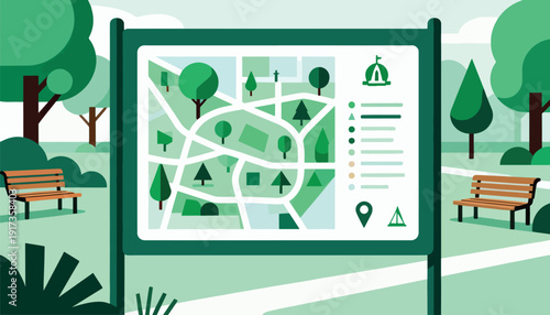 Park information board displays map, legend, and location markers amidst lush greenery