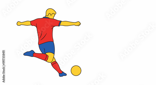 Male Athlete Kicking Soccer Ball in Red and Blue Uniform Vector Illustration