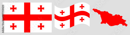 Georgia National Flag and Map: Official State Emblem Featuring a Large Red St. George’s Cross on a White Field with Four Small Bolnisi Crosses in Each Quadrant and Geographical Country Map Silhouette.