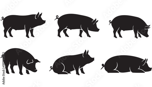 Six black pig silhouettes vector collection. Includes pigs standing, walking, eating, and resting in various poses. Created in a flat, solid black style with a white background.