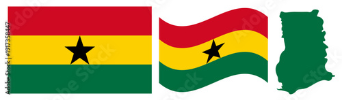 Ghana National Flag and Map. Official Republic of Ghana Emblem Featuring Three Horizontal Stripes of Red, Gold, and Green with a Central Black Star and Geographical Country Map Silhouette.