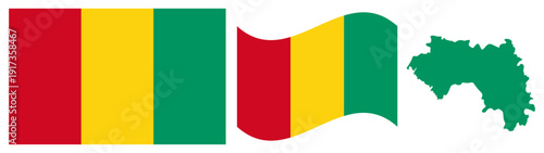 Guinea National Flag and Map. Official Republic of Guinea Emblem Featuring Three Vertical Stripes of Red, Yellow, and Green with Geographical Country Map Silhouette.