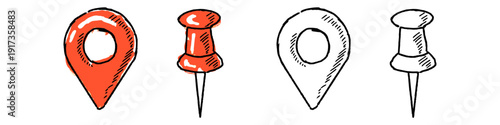 Set editable sketch drawing pin location icon vector for travel journals. Ideal for trip planning, map doodles, and adventure graphics. Symbolizes destination, route, and exploring areas.