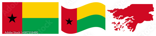 Guinea Bissau National Flag and Map. Official State Emblem Featuring a Vertical Red Stripe with a Black Star and Two Horizontal Stripes of Yellow and Green with Geographical Country Map Silhouette.