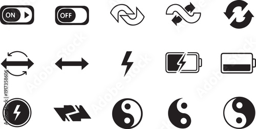 Toggle, arrow, and energy vector icon collection. Includes on/off switches, refresh arrows, double-ended arrows, lightning bolts, and battery symbols. Created in a solid black and white style