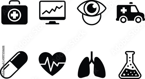 Medical Healthcare Icons Set With First Aid Kit Monitor Eye Ambulance Pill Heart Lungs And Flask Keywords: medical, healthcare