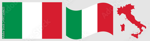 Italy National Flag and Map. Official Italian Republic Emblem Featuring Three Vertical Stripes of Green, White, and Red with Geographical Country Map Silhouette.
