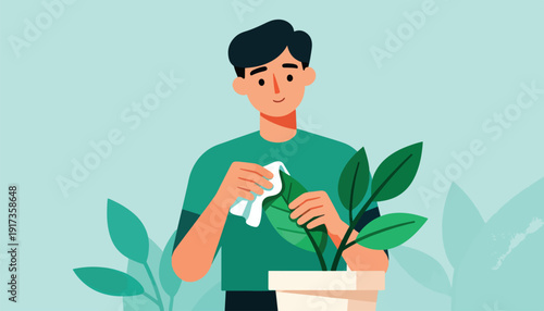 Person gently wiping leaves of a potted houseplant