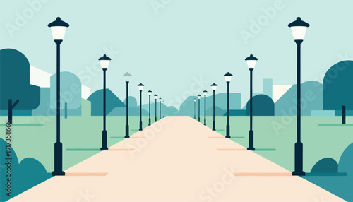 A serene park pathway lined with lamps, leading towards a distant, blurred urban skyline