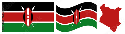 Kenya National Flag and Map. Official Republic of Kenya Emblem Featuring Three Horizontal Stripes of Black, Red, and Green with White Fimbriations and a Central Maasai Shield and Two Spears with Geogr