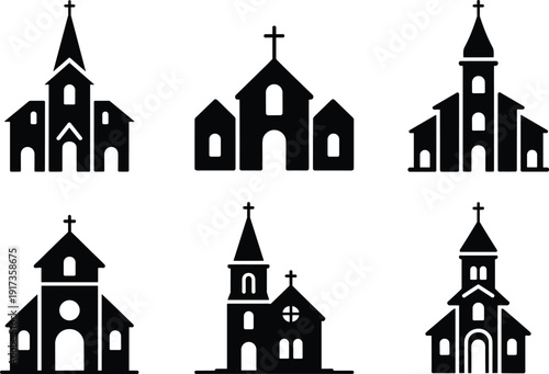 Set of six black and white church building icons with steeples and crosses Keywords: church, chapel, building, icon, symbol