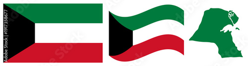 Kuwait National Flag and Map. Official State Emblem Featuring Three Horizontal Stripes of Green, White, and Red with a Black Trapezoid at the Hoist and Geographical Country Map Silhouette.