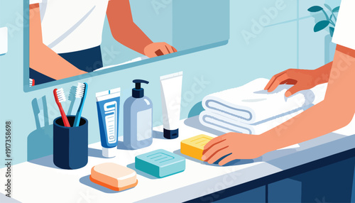 Person preparing for personal hygiene with toothbrushes, soap, and lotion on a counter