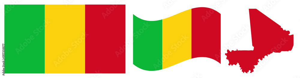Naklejka premium Mali National Flag and Map. Official Republic of Mali Emblem Featuring Three Vertical Stripes of Green, Yellow, and Red with Geographical Country Map Silhouette Graphic.