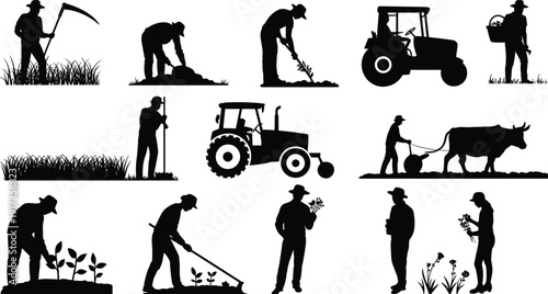 Silhouette collection of farmers and agricultural activities with tractor and cow Keywords: farmer, agriculture, silhouette