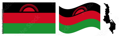 Art & IllustrMalawi National Flag and Map. Official State Emblem Featuring Three Horizontal Stripes of Black, Red, and Green with a Rising Red Sun on the Black Stripe and Geographical Country Mapation