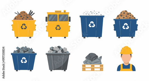 Construction Waste Bins and Worker Illustration