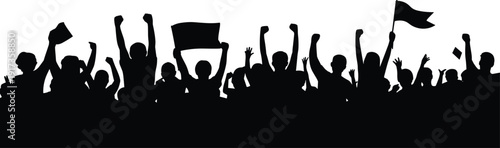 Silhouette of a cheering crowd with raised fists and flags Keywords: crowd, silhouette, cheering, raised fists, protest
