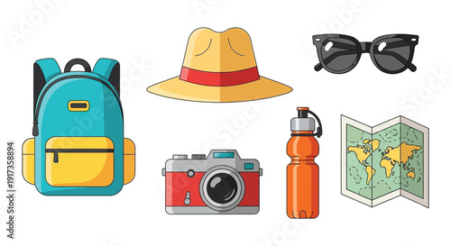 Essential travel gear icons including a bright blue backpack, straw hat, sunglasses, camera, water bottle, and folded map are arranged neatly.