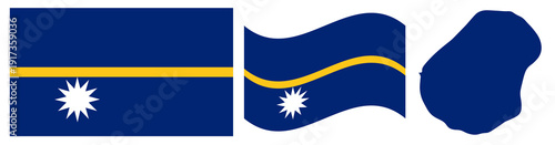 Nauru National Flag and Map: Official Republic of Nauru Emblem Featuring a Blue Field Bisected by a Gold Horizontal Stripe with a White Twelve-pointed Star and Geographical Island Map Silhouette.