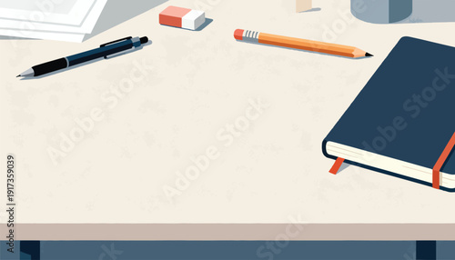 Flat lay of a desk with a pen, pencil, eraser, papers, and notebook