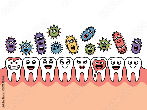A cartoon illustration of teeth and bacteria with various facial expressions.