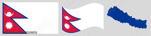 Nepal National Flag and Map. Official Federal Democratic Republic of Nepal Emblem Featuring Two Red Triangular Pennons Outlined in Blue with a White Moon and Sun Symbol and Geographical Country Map Si