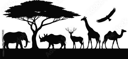 African Safari Wildlife Silhouette Scene with Elephant Rhino Deer Giraffe Camel Eagle and Acacia Tree Vector Illustration