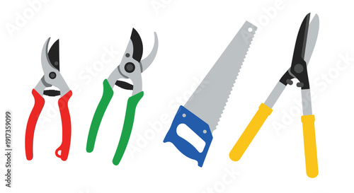 Set of essential gardening tools including pruning shears loppers and a handsaw for various yard maintenance tasks