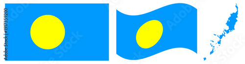 Palau National Flag and Map: Official Republic of Palau Emblem Featuring a Light Blue Field with a Large Yellow Disk Centered Slightly Towards the Hoist and Geographical Archipelago Map Silhouette.