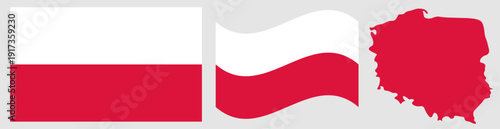 Poland National Flag and Map. Official Republic of Poland Emblem Featuring Two Horizontal Stripes of White and Red with Geographical Country Map Silhouette Graphic.