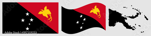 Papua New Guinea National Flag and Map. Official State Emblem Featuring a Diagonally Divided Field of Black and Red with the Southern Cross Stars and a Yellow Raggiana Bird of Paradise with Geographic