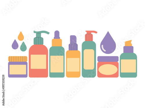 A colorful illustration of various cosmetic products and skincare bottles on a white background