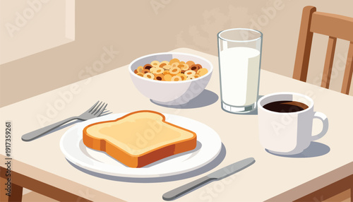 A breakfast spread of toast, cereal, milk, and coffee on a table with a chair