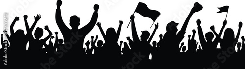 Silhouette of a jubilant crowd with raised arms and flags on white background Keywords: crowd, silhouette, cheering, raised arms