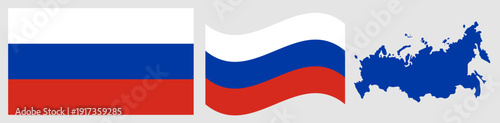 Russia National Flag and Map. Official Russian Federation Emblem Featuring Three Horizontal Stripes of White, Blue, and Red with Geographical Country Map Silhouette Graphic.